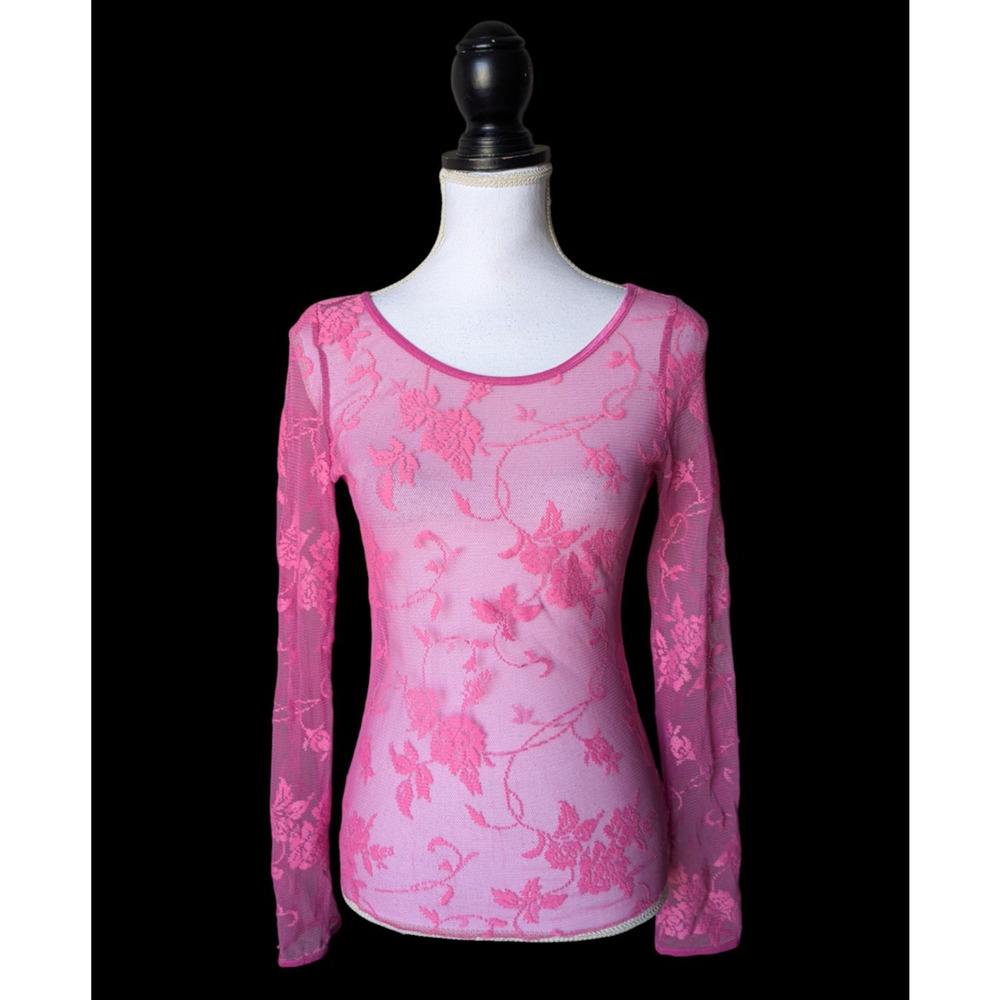 Vintage Y2K Wet Seal Hot Pink Sheer Lace Top Fairy Grunge Goth Emo Punk Rose